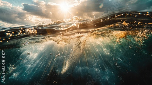 The sun shines brightly through the water's surface.