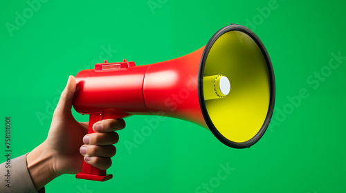 Close up hand holding megaphone, marketing and sales, green background