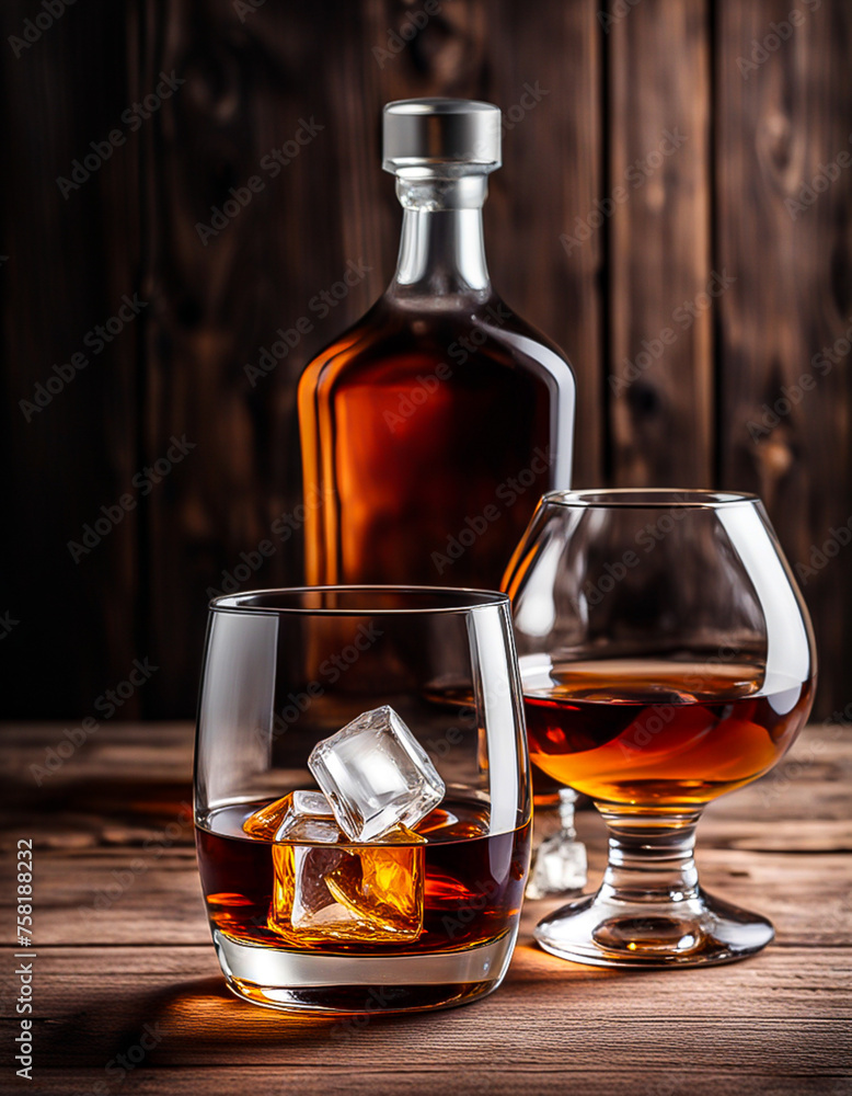 whiskey on the rocks. Wooden, warm, romantic atmosphere. close up view. Brown background whiskey on the rocks. Wooden, warm, romantic atmosphere. close up view. Brown background