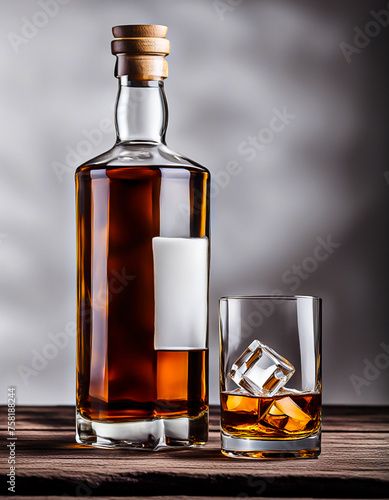 whiskey bottle and glass with ice. Close up view, Boke background photo