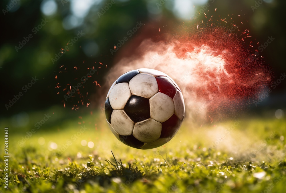 A soccer football ball rolling at speed on the grass stadium field 