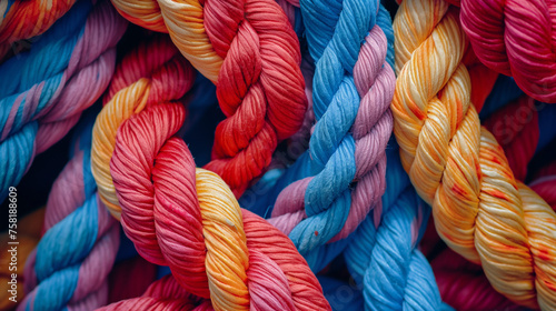 A colorful collection of ropes with a focus on the twist and texture representing strength and connection photo