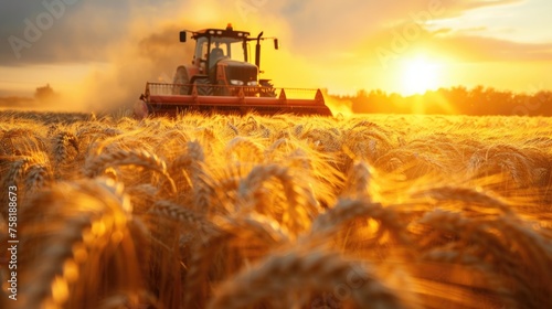 A tractor is driving through a field of wheat.