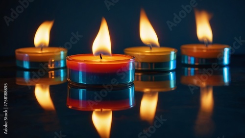 Burning candles floating on the surface of the water