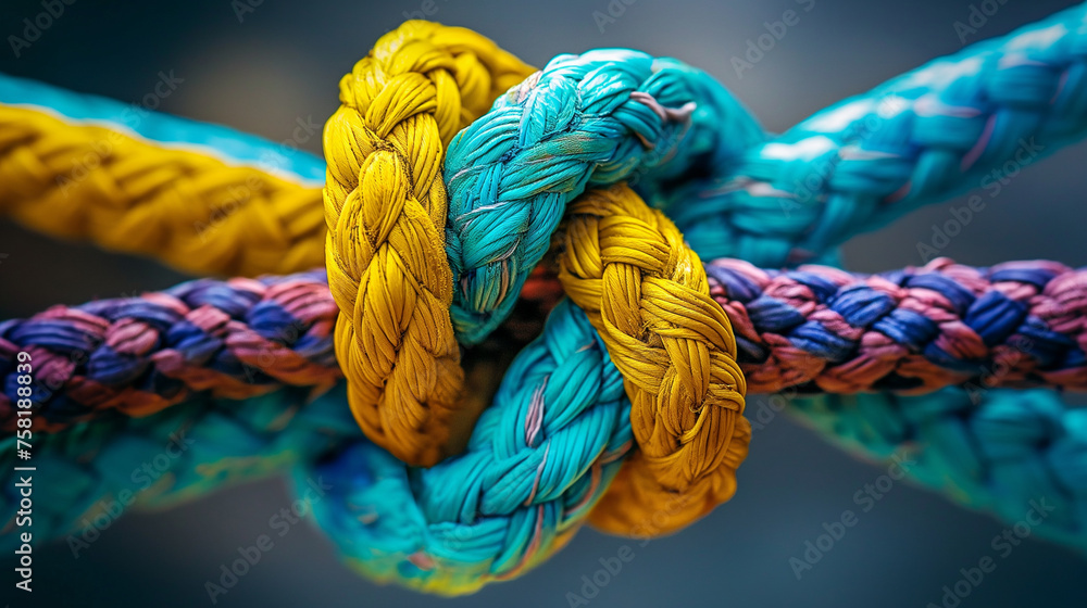 Close-up image of complex rope knotwork with blurred background, symbolizing connection Close-up image of complex rope knotwork with blurred background, symbolizing connection
