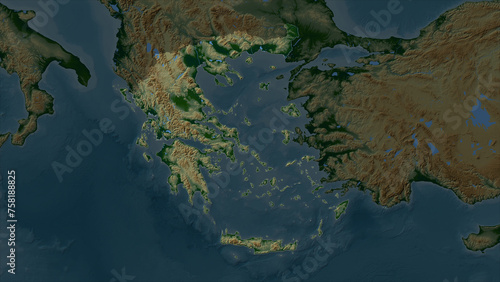 Greece highlighted. Physical elevation map