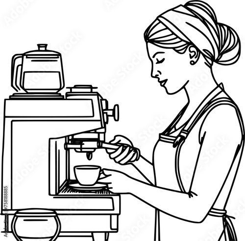 Woman with coffee machine outline illustration, woman barista pouring coffee