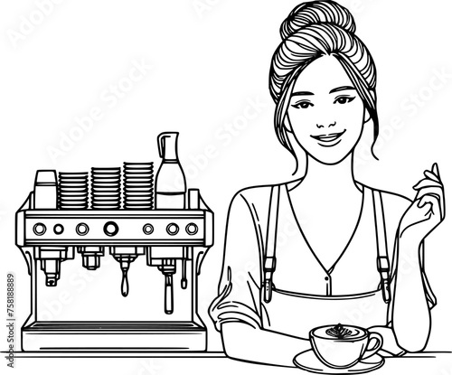 Barista girl with coffee machine, woman with coffee machine