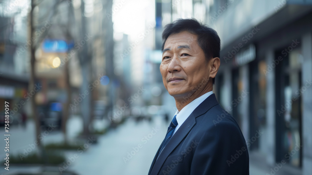 A mature businessman looks off into the distance, contemplative amidst an urban setting. A mature businessman looks off into the distance, contemplative amidst an urban setting.