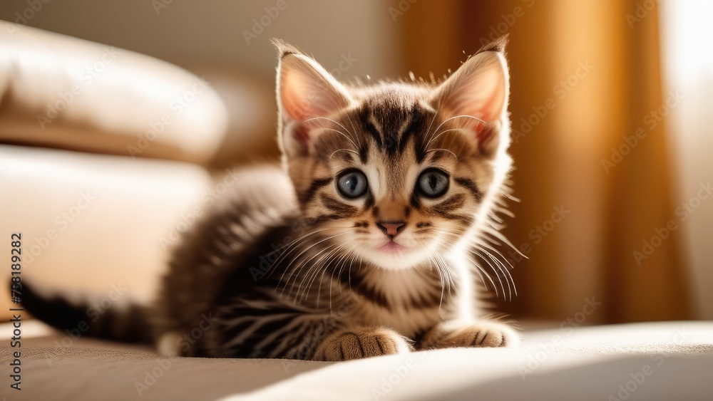 A fluffy kitten is playing in a bright room A fluffy kitten is playing in a bright room