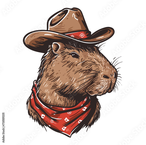 Capybara Head wearing wearing cowboy hat and bandana around neck
