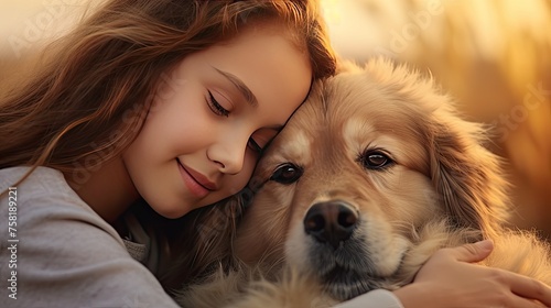 Tender hugs of a beautiful girl and a golden retriever. Friendship and tender feelings between human and animal concept. AI generated illustration.