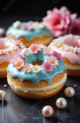 donuts covered with colored glaze and decorated with flowers and beads
