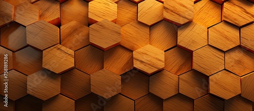 A close up of a wooden wall showcasing a honeycomb pattern, highlighting the brown and amber hues of the natural material, creating a sense of symmetry and texture