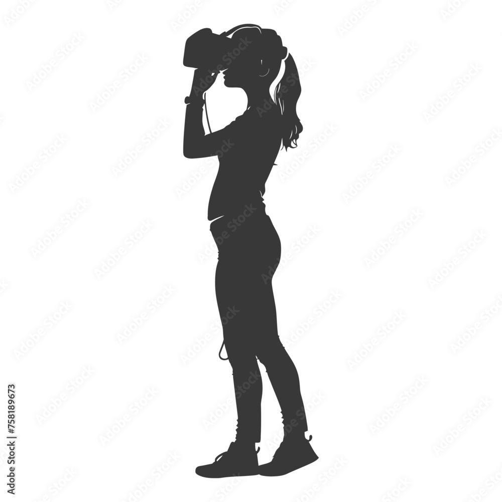 Silhouette woman playing virtual reality headset black color only Silhouette woman playing virtual reality headset black color only