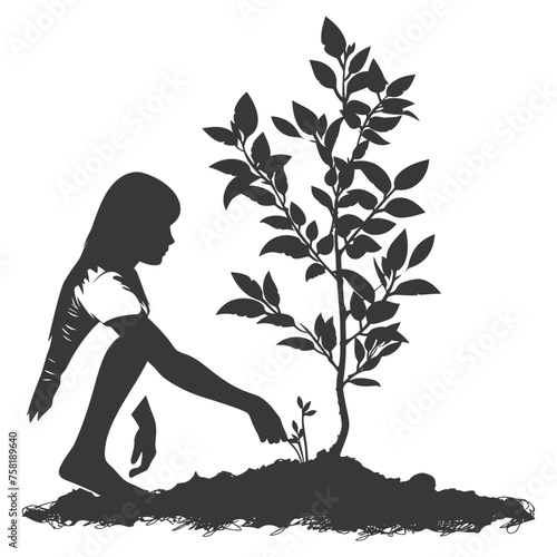 Silhouette woman planting tree in the ground black color only