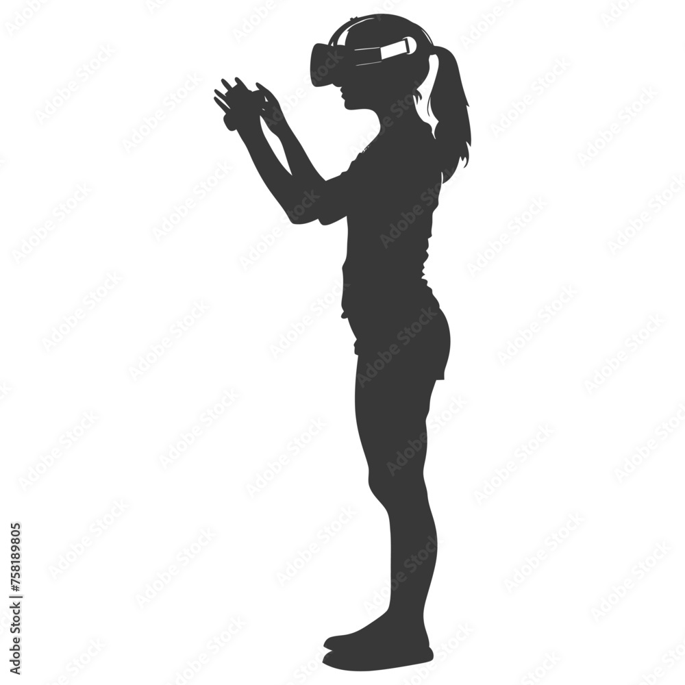 Silhouette woman playing virtual reality headset black color only Silhouette woman playing virtual reality headset black color only