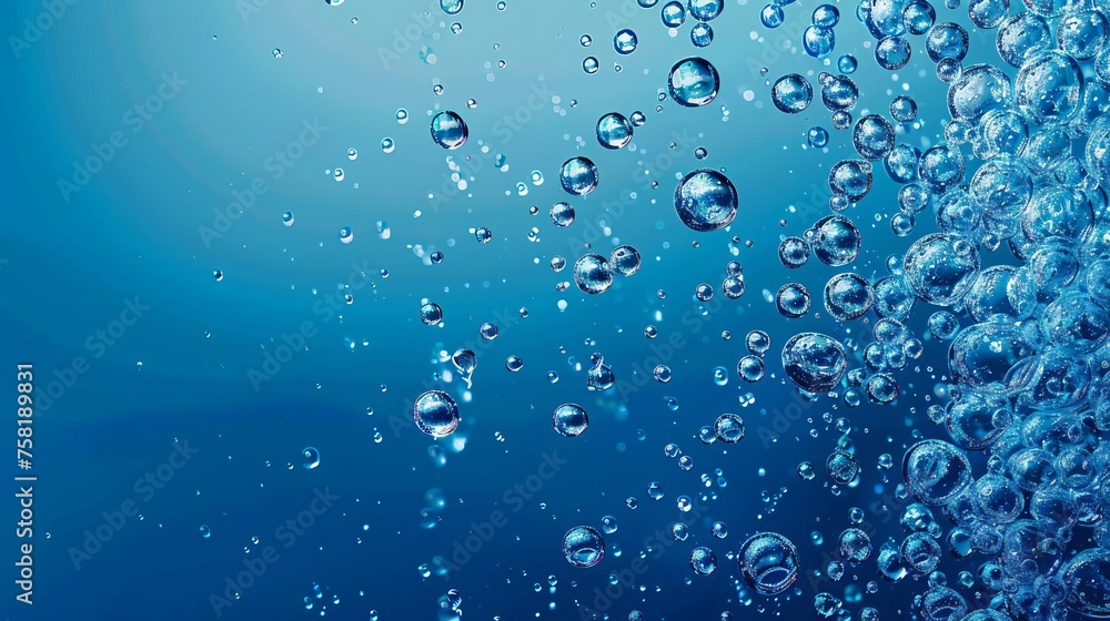 Abstract Panorama of Floating Droplets, Digital Art of Water or Oil Bubbles on Blue Gradient Background