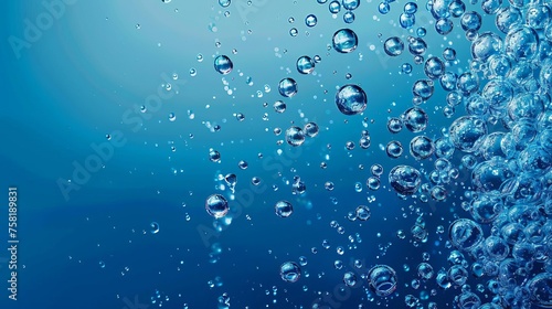 Abstract Panorama of Floating Droplets  Digital Art of Water or Oil Bubbles on Blue Gradient Background