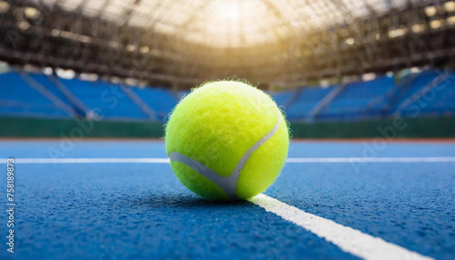 Tennis ball on court. Blue surface. Racket sport