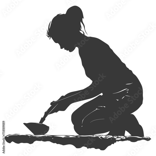 Silhouette woman stone carving artist in action black color only