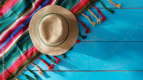 Traditional Mexican sombrero resting on a vibrant  striped sarape  all spread out on a textured wooden background  symbolizing cultural heritage and festive celebrations