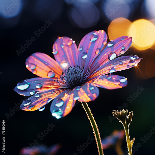 close up of rain drop on fluorescent flower, light rain background created with Generative Ai