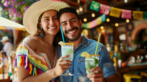Smiling brightly, a couple enjoys festive drinks, surrounded by colorful papel picado, embodying the joy of a traditional Mexican celebration.