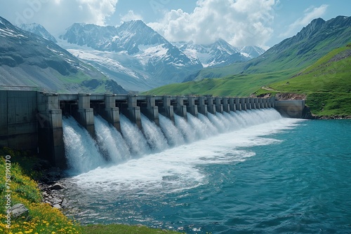 Dam in Lake With Mountains