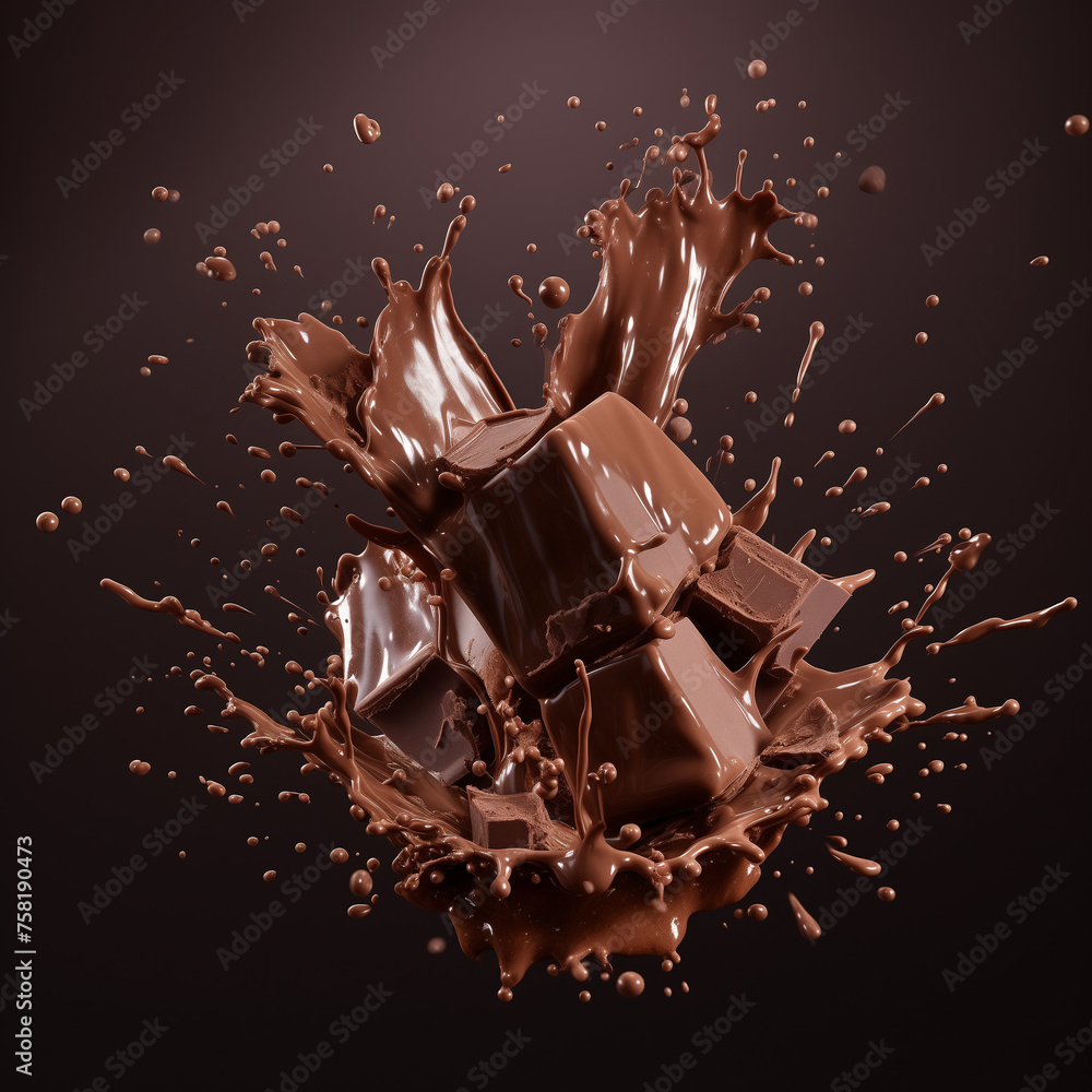Fototapeta premium Large chocolate splash with chocolate cubes. Food flavour concept art. 