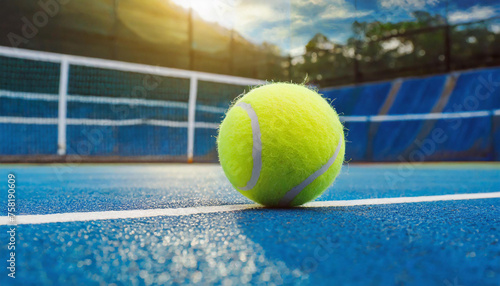 Tennis ball on court. Blue surface. Racket sport © hardvicore