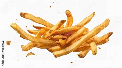 Flying delicious potato fries cut out, 8k resolution.