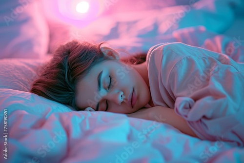 Alarm clock on bed woman sleeping on bed at home on background. Table clock and spectacles with a woman sleeping on back