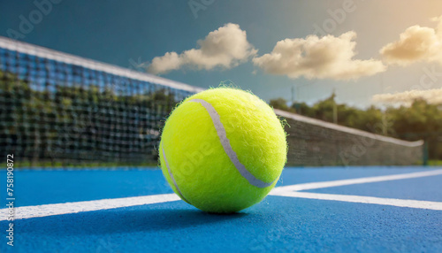 Tennis ball on court. Blue surface. Racket sport