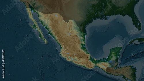 Mexico highlighted. Physical elevation map