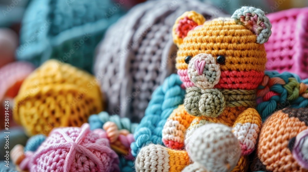Colorful crocheted toys and decorations