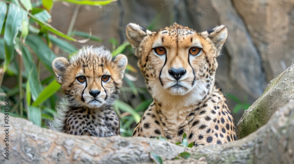 Male cheetah and cub portrait with ample space on left for text, object on right side Male cheetah and cub portrait with ample space on left for text, object on right side