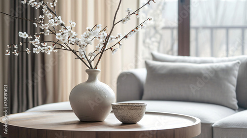 Elegant Simplicity: Neutral Modern Interior Accentuated by a Vase with Beautiful White Blossoms, Infusing Serenity and Grace © Jomar