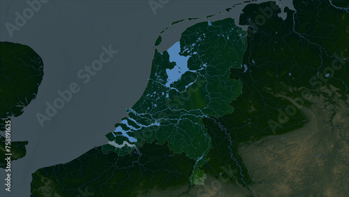 Netherlands highlighted. Physical elevation map