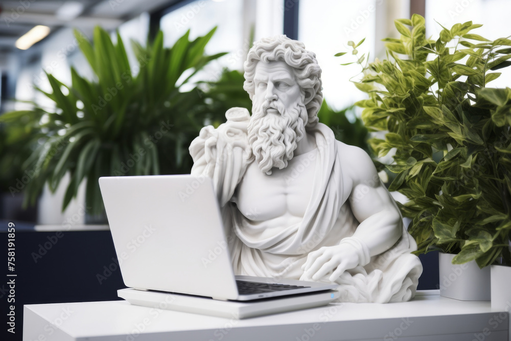 Obraz premium Statue of a man working on a laptop in a modern office