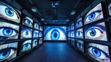eyes in monitor on a wall, many televisions built into a wall watching surveillance footage, digital video camera, projector network concept
