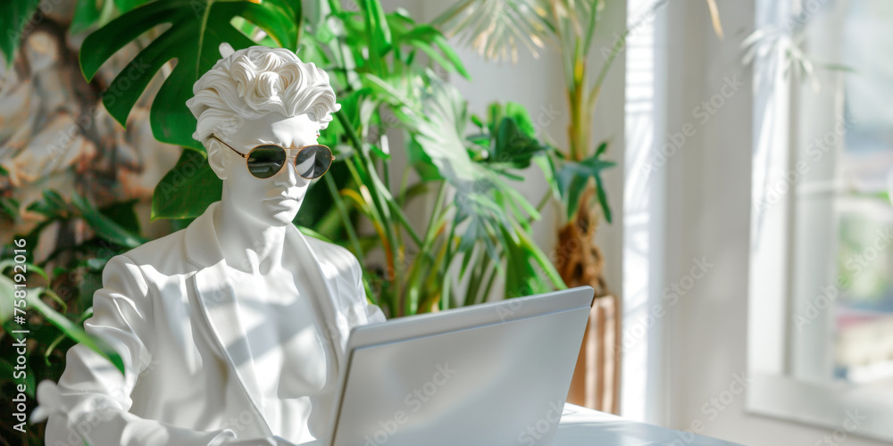 White sculpture of Apollo in sunglasses sitting at home at her laptop. Concept of freelancing and programming. White sculpture of Apollo in sunglasses sitting at home at her laptop. Concept of freelancing and programming.