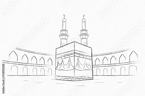 Islamic holy Kabaa of Makkah hand drawn lineart with pencil sketch texture