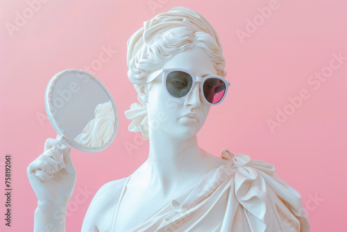 Sculpture of beauty goddess wearing sunglasses with mirror on pink background. The concept of natural beauty.