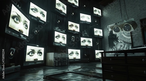 eyes in monitor on a wall, many televisions built into a wall watching surveillance footage, digital video camera, projector network concept photo