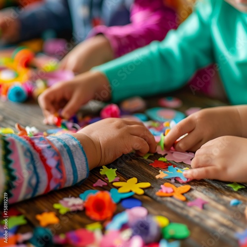 Close-up of kids hands engaged in colorful DIY crafts