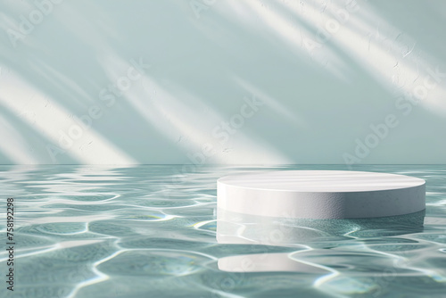 White platform podium circle with blue water ocean cool sea. Empty white podium stand on abstract pure water background.