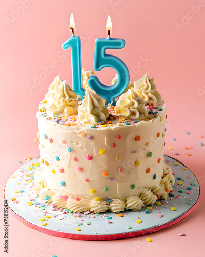 A festive delicious birthday cake with number 15 candle - Fifteen Years photo