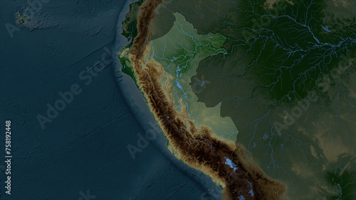 Peru highlighted. Physical elevation map