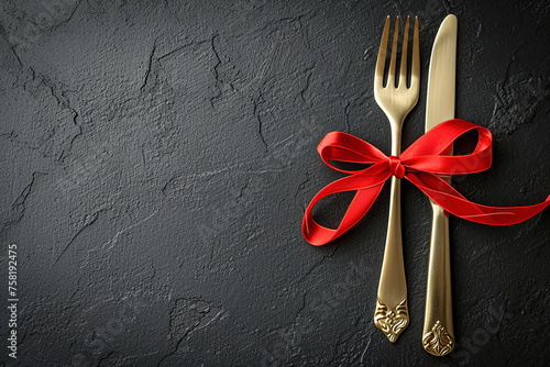 Table knife and fork tied with ribbon on black graphite background. Menu template.